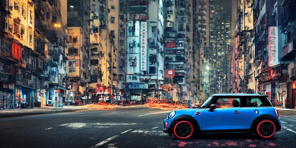 Image similar to Mini Cooper S with blood vinyl in the middle of a road on the night Hong Kong china town, blue color grading, cinematic color grading , unreal 5, hyperrealistic, realistic, photorealistic, dynamic lighting, highly detailed, cinematic landscape, studio landscape, studio lighting