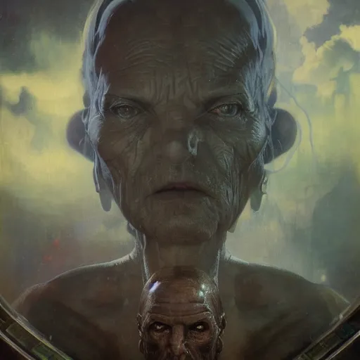Image similar to hyperrealist portrait of an ancient old alien with large cruel intelligent eyes and a huge head standing in front of a computer interface by jeremy mann and alphonse mucha and goya, fantasy art, photo realistic, dynamic lighting, artstation, poster, volumetric lighting, very detailed faces, award winning, full face, symmetry