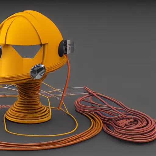 Image similar to photo of hyper detailed boxcutter hard surface modelling rear view of yellow orange and gold astronaut helmet, arstation, cables wires, heart symbols, unreal engine 5