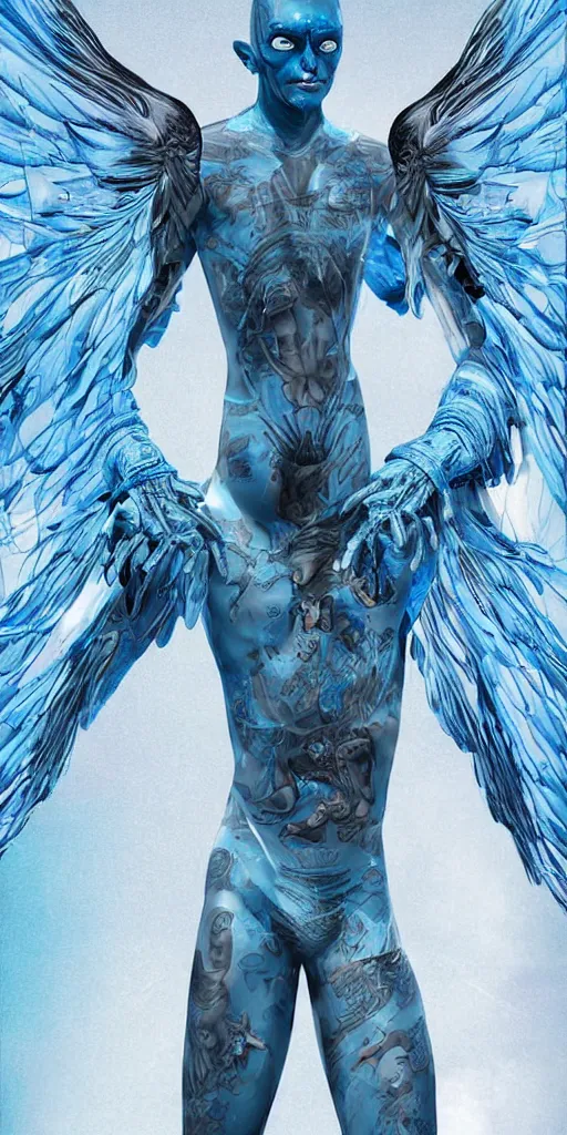 Image similar to full body male alien with cyberangel wings, tattoos cover all over him blue skin in a terrifying pose, transparent silk outfit flowing in the wind by bruce labruce, digital art, redshift render, hyperrealistic