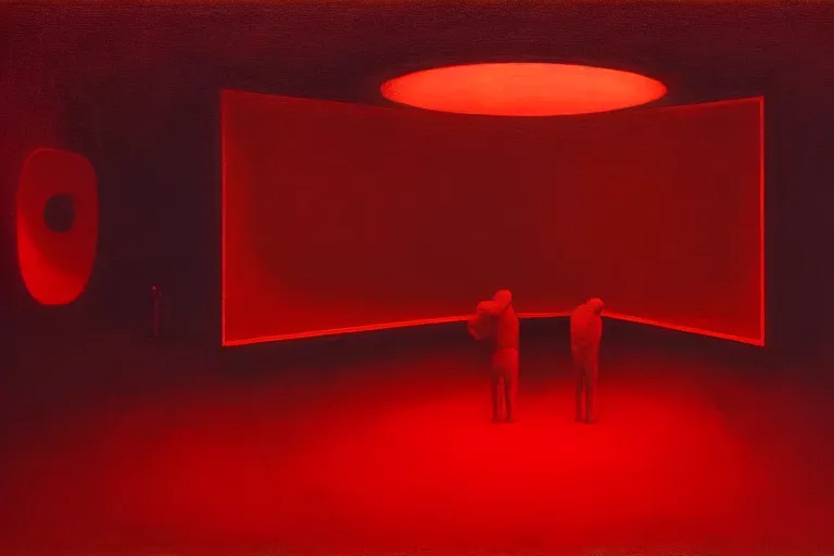 Image similar to only with red, netflix studios with workers, a big mickey mouse head in the middle of the room, in the style of beksinski, parts by edward hopper, parts by rodcenko, parts by yue minjun, intricate and epic composition, red by caravaggio, insanely quality, highly detailed, masterpiece, red light, artstation, 4 k