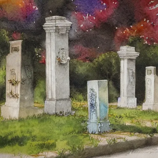 Prompt: water color on paper, walk in the cemetery, highly detailed, artstation, masterpiece, award - winning,