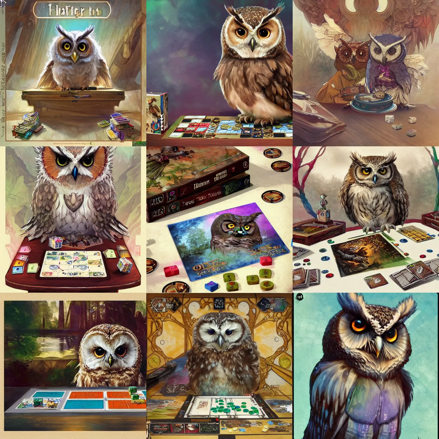 Prompt: board games on a table, with a cute fluffy owl, water color, D&D, fantasy, highly detailed, digital painting, artstation, concept art, matte, sharp focus, illustration, art by Ivan Gantschev and Alphonse Mucha