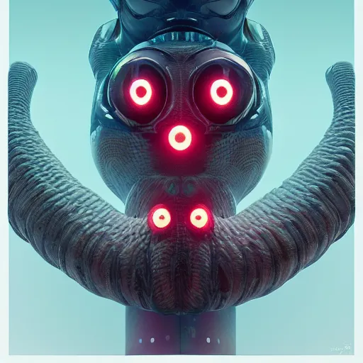 Prompt: portrait of a squid monster. intricate abstract. cyberpunk, intricate artwork. neon eyes, by Tooth Wu, wlop, beeple. octane render, trending on artstation, greg rutkowski very coherent symmetrical artwork. cinematic, hyper realism, high detail, octane render, 8k