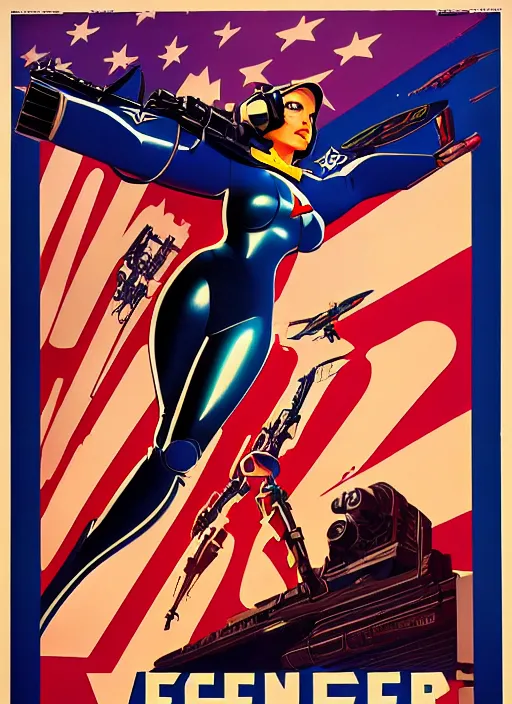 Image similar to american propaganda poster art. powerful cyberpunk pilot. portrait by jean giraud and anton otto fischer and john philip falter and will eisner and gil elvgren and pixar. full body. realistic proportions. science fiction d & d. overwatch, rb 6 s, cyberpunk 2 0 7 7, blade runner 2 0 4 9 concept art. cel shading. thick lines.