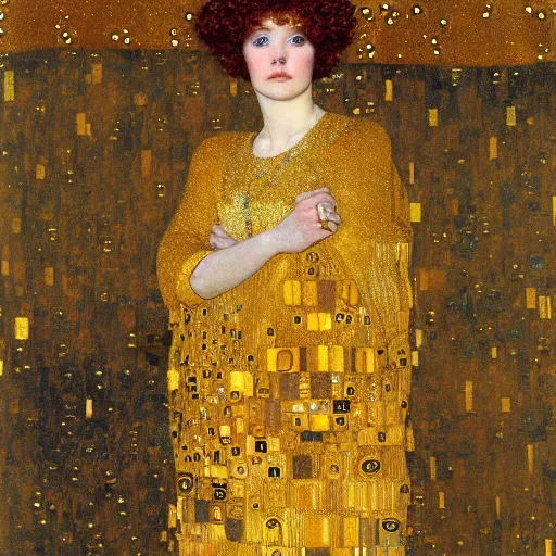 Image similar to An angelic woman with short red hair in golden garbs by Gustav Klimt, ornate golden background, detailed