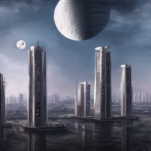Image similar to russian high - rise buildings, in the style of the futuristic future, the destroyed moon in the sky, photorealism, digital painting, 4 k,
