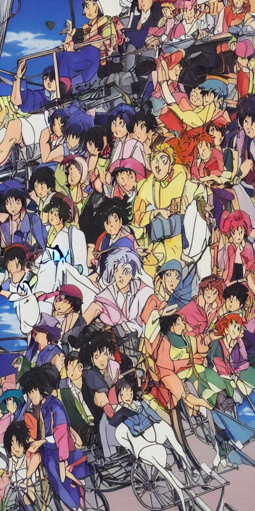 Image similar to a chariot drawn by horses in tokyo, 1990s anime, full color,