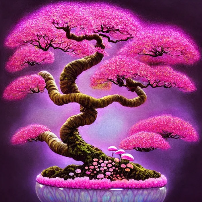 Image similar to extremely psychedelic bonsai made of orchid and cherry blossom tree and mushroom, LSD, diffuse lighting, fantasy, intricate, elegant, highly detailed, lifelike, photorealistic, digital painting, artstation, illustration, concept art, smooth, sharp focus, art by John Collier and Albert Aublet and Krenz Cushart and Artem Demura and Alphonse Mucha