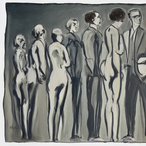 Prompt: A beautiful painting of a group of people standing in a line. They are all facing the same direction and appear to be waiting for something. bright, stuckism by Ruth Bernhard, by Edward Lear, by William Gropper 8k