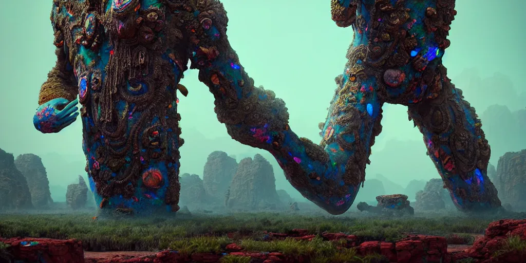 Image similar to ancient giant dead god made entirely of opal in desolate and lush landscape, moody, :: by James Jean, Jeff Koons, Dan McPharlin Daniel Merrian :: ornate, dynamic, particulate, rich colors, intricate, elegant, highly detailed, centered, artstation, smooth, sharp focus, octane render, 3d