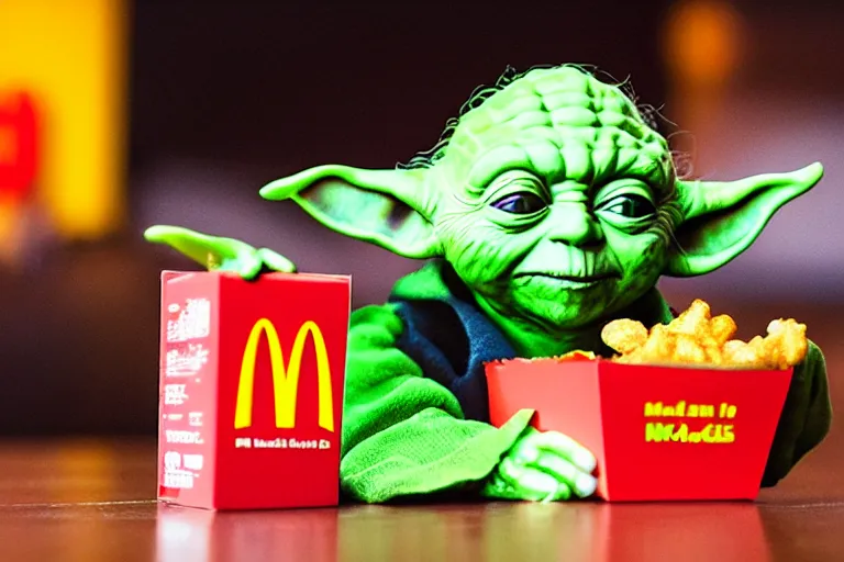 Prompt: yoda, upset, yoda sitting behind a table inside mcdonald's, small red cardboard box on table, yellow m logo on box, one chicken mcnugget 3 5 mm, f / 2. 8