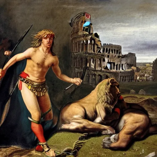 Image similar to a victorious roman gladiator in the arena one feet on top of a defeated lion