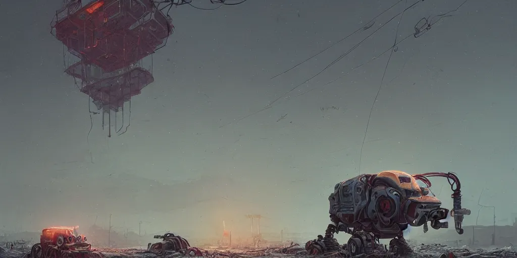 Prompt: a landscape by simon stalenhag of a very large realistic highly detailed imposing robotic mechanical cat, stranded alone and roaming in the chaos across a depressing abandoned post - apocalyptic landscape, post - apocalyptic corrupted themes, artstation trending, beautiful art landscape, detailed simon stalenhag landscape