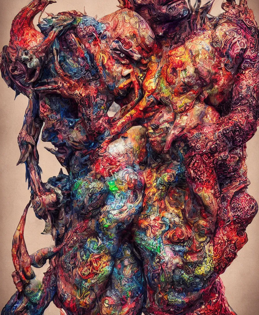 Image similar to devil holding a person, colorful, intricate, ultra detailed, photorealistic, trending on artstation