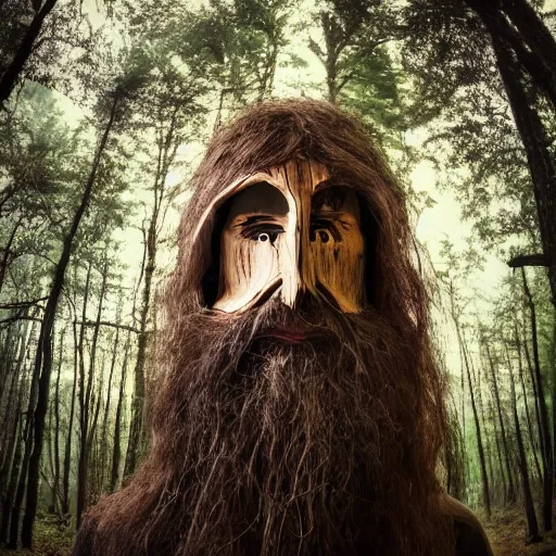 Prompt: portrait of a forest hermit wearing a driftwood mask in an ominous forest, photography