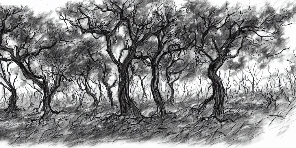 Image similar to graveyard of trees, Manga art sketch