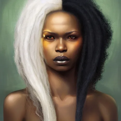 Image similar to a detailed matte oil on canvas head on symmetrical portrait of black skinned woman with! long white hair! and ( ( pale greenish ) ) hair, clothed by charlie bowater, lise deharme, wlop, trending on artstationhd, dungeons and dragons art critical role