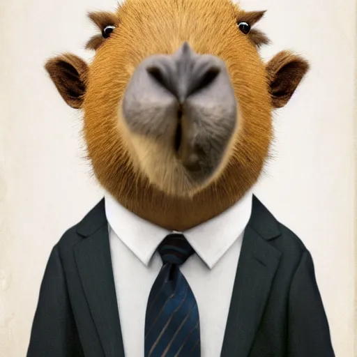 Image similar to a high detail photo of an antropomorphic capybara wearing a suit, subject= duck, subject detail: wearing a suit, photorealism