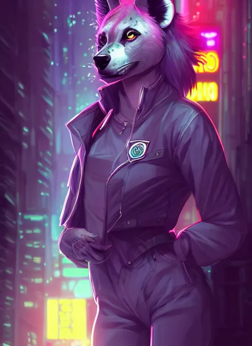 Image similar to beautiful portrait commission of a female furry anthro hyena fursona wearing a police uniform. Cyberpunk city at night in the rain. Neon light. Atmospheric. Character design by charlie bowater, ross tran, artgerm, and makoto shinkai, detailed, inked, western comic book art