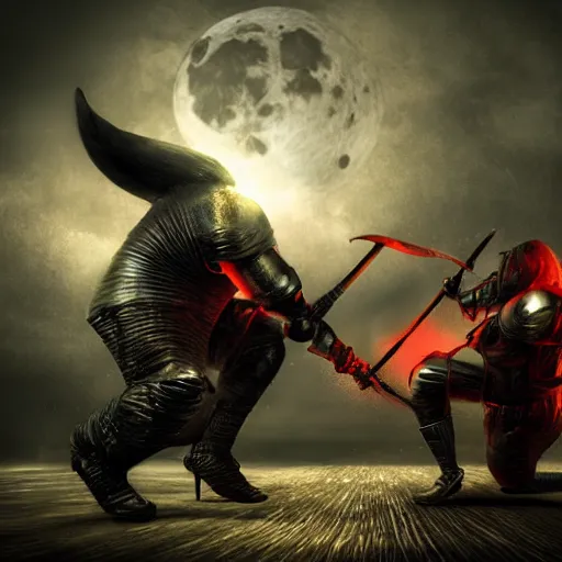 Prompt: Fight between a powerful demon and a knight, painting, volumetric lighting, moon light, , beautiful details, HDR, , action shot, wide angle, horror theme,