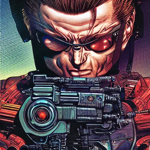 Image similar to portrait closeup of crazy terminator firing guns, symmetrical, cinematic colors, by yoichi hatakenaka, masamune shirow, josan gonzales and dan mumford, ayami kojima, takato yamamoto, barclay shaw, karol bak, yukito kishiro