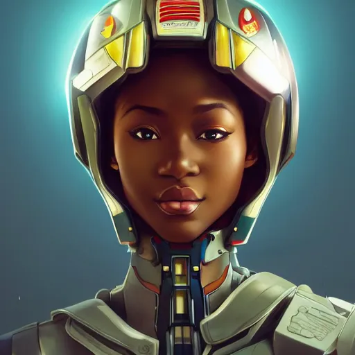 Image similar to portrait cartoon manga anime render of a strikingly gorgeous nigerian 👩🏿, wearing an intricate gundam pilot helmet, rossdraws, artgerm, norman rockwell, emiliano ponzi, epic composition, hd, octane, unreal engine, volumetric lighting, light rays, masterpiece, award - winning