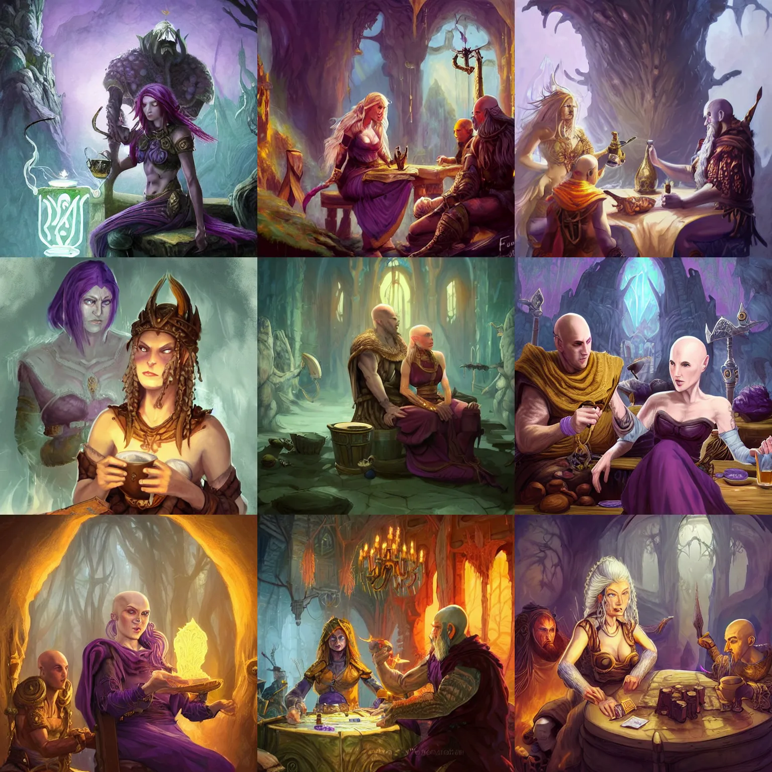 Prompt: 8k highly detailed fantasy illustration by Anato Finnstark of a female goliath character from Dungeons and Dragons, she has pale blue skin, bald shaved head, dressed like a monk, she is seated in a crowded tavern drinking large mugs of mead, she has white eyes!!!, seated next to her is a purple haired young sorceress, gambling, drinking