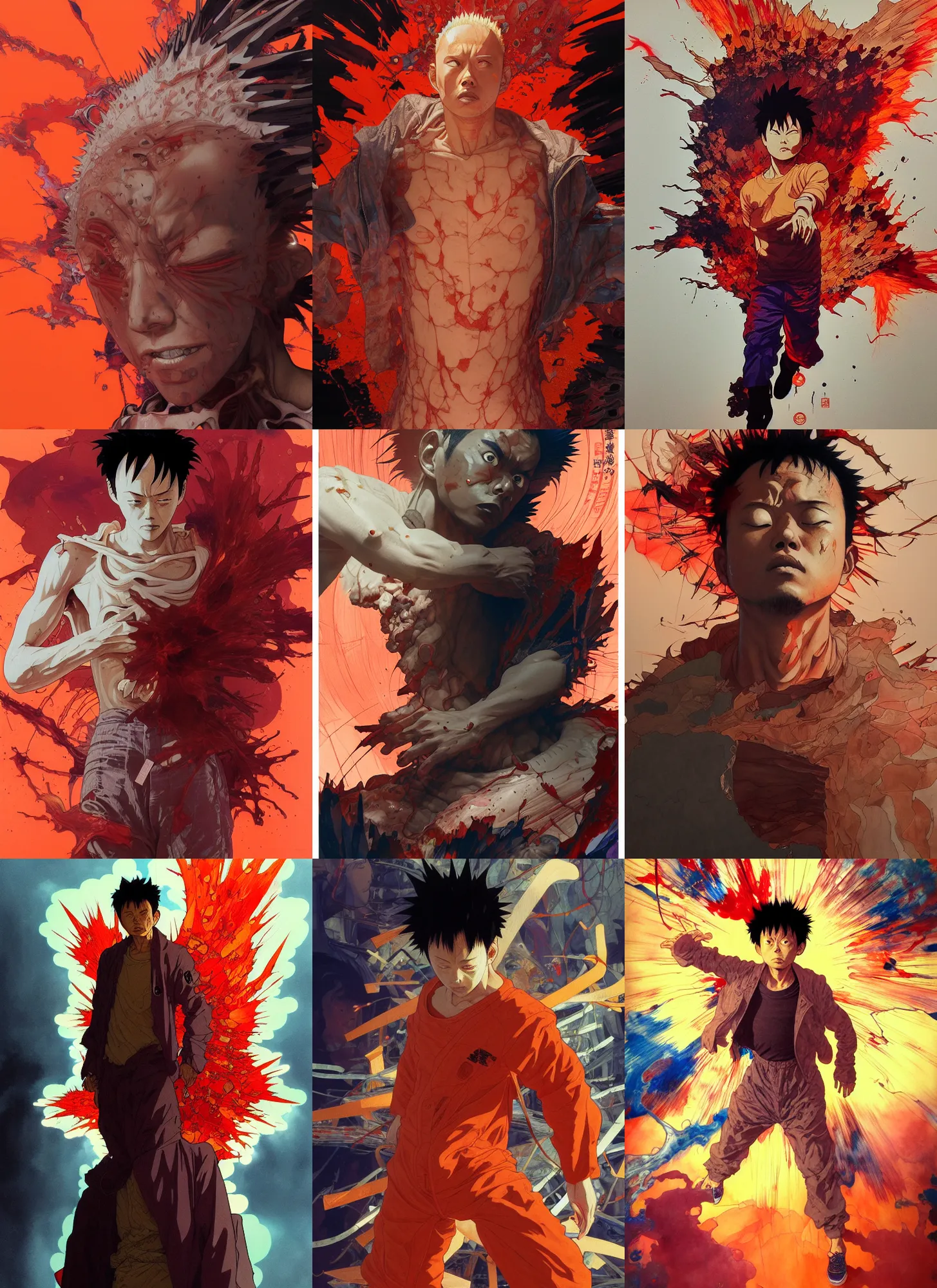 Prompt: tetsuo from akira, orange spike aura in motion, damaged japanese clothes, floating pieces, painted by art by tsuyoshi nagano, greg rutkowski, artgerm, alphonse mucha, spike painting