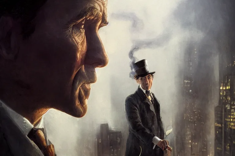 Image similar to beautiful face, portrait profile sherlock holmes tobacco pipe on a perch facing the city at night, smoke rising from pipe, smooth, focus, highly detailed, hyper realistic, dramatic lighting, intricate, concept art, new york skyline, looking down, movie still, art by wlop, greg rutowski, artstation