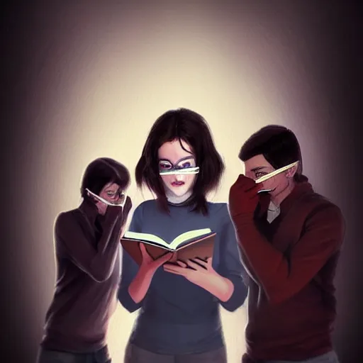 Image similar to realistic portrait of a terrified female author covering her face with a notebook while three male and one female characters look intensely, aesthetic!, trending on artstation, detailed digital art,