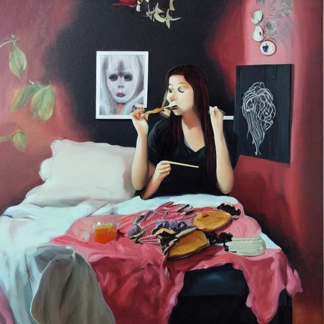 Prompt: a portrait in a female artist's bedroom, black walls, emo girl eating pancakes, sheet music on fire, berries, surgical supplies, handmade pottery, flowers, sensual, octopus, neo - expressionism, surrealism, acrylic and spray paint and oilstick on canvas