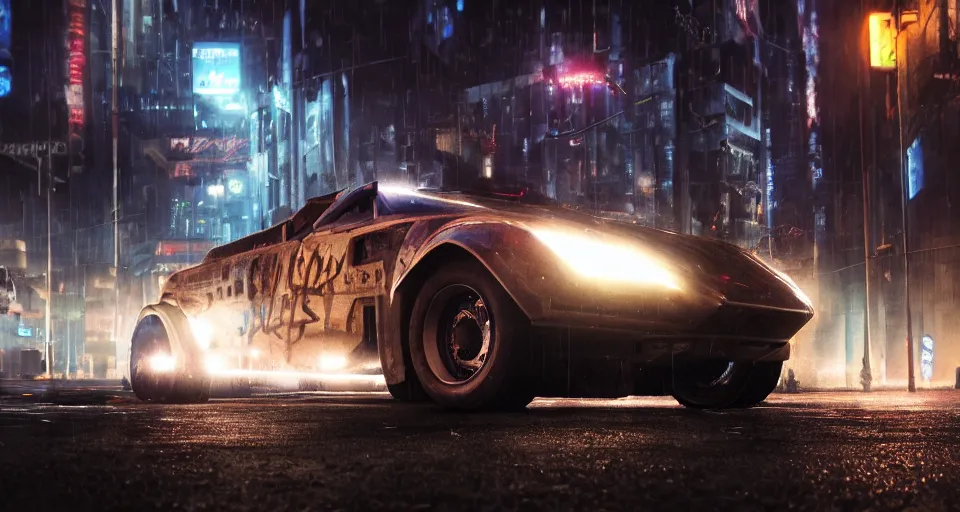 Prompt: macro closeup photo of combat tesla cybertruck hovering over wet dystopian cyberpunk city streets at night, mad max, action, speed, volumetric lighting, hdr, need for speed, gta 5, ridley scott, makoto shinkai, syd mead, craig mullins, cinematic, fast and furious, blade runner, octane, 8 k, iso 1 0 0