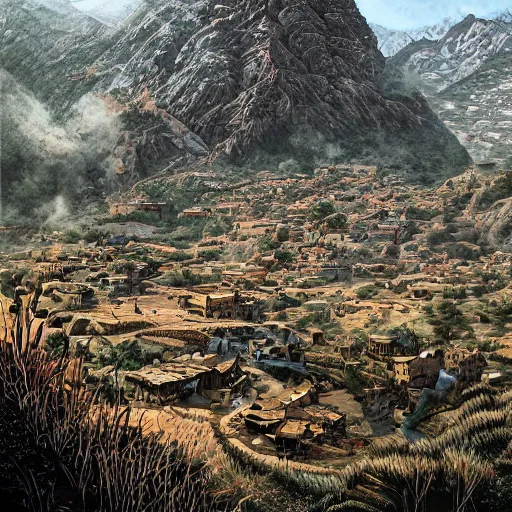 Prompt: kurdish village atop a mountain art by martin ansin, highly detailed, 8 k, high resolution, award winning art, incredibly intricate