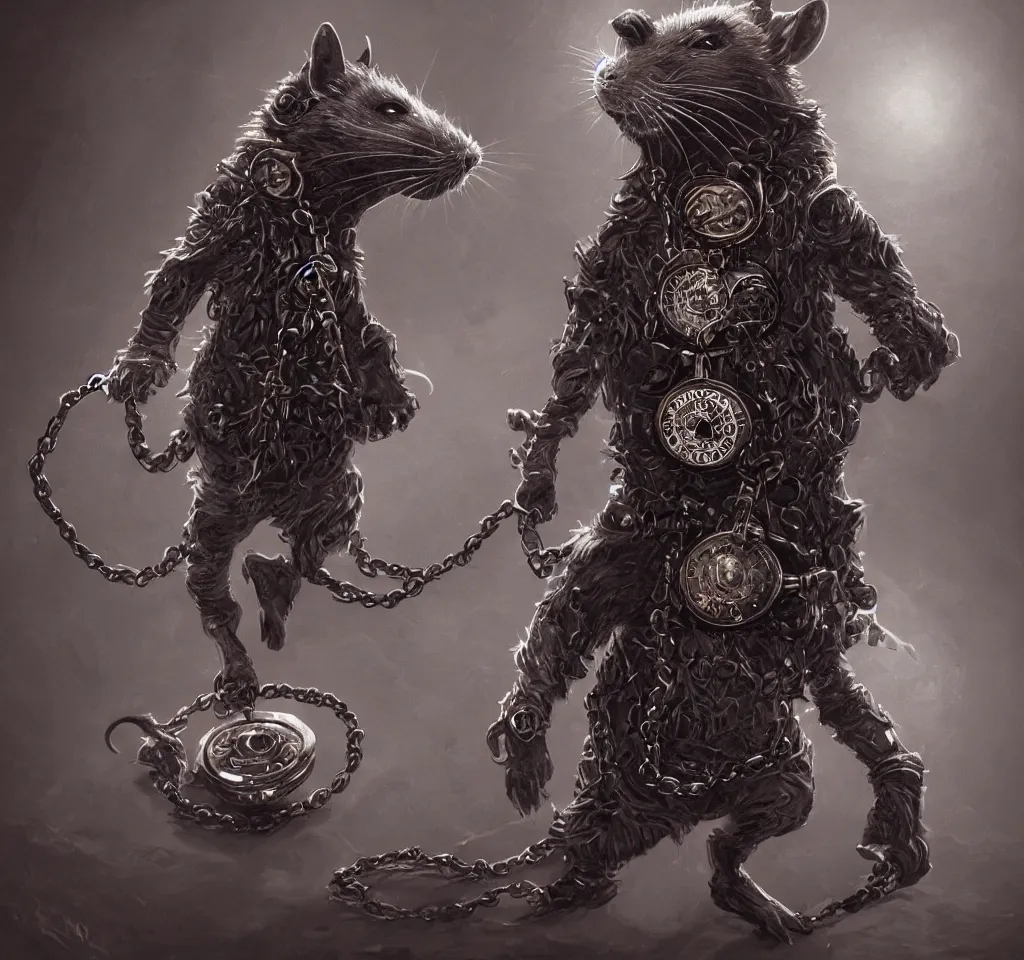 Prompt: a highly detailed illustration of a anthropomorphic rat wearing a long coat, glowing eyes, dramatic standing holding pocket watch with chain pose, infinite space clock background, muscular, intricate, elegant, highly detailed, centered, digital painting, artstation, concept art, smooth, sharp focus, league of legends concept art, wlop