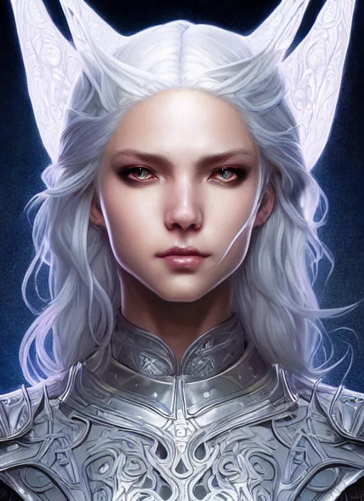 Image similar to light iridescent armor!!! long wild white hair!! covered chest!!! fantasy, d & d, intricate ornate details, digital painting, pretty face!!, symmetry, concept art, sharp focus, illustration, art by artgerm! greg rutkowski magali villeneuve wlop! ilya kuvshinov!!, octane render