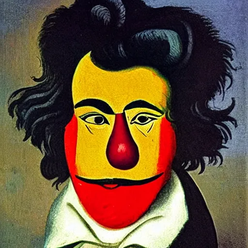 Prompt: beethoven wearing a clown nose and riding a unicycle, picasso