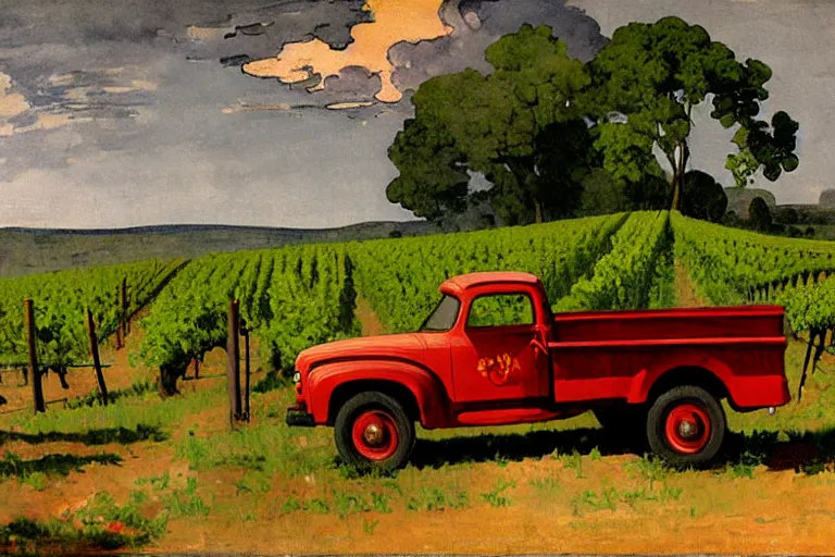 Prompt: painting of a vintage red truck in a vineyard by winslow homer