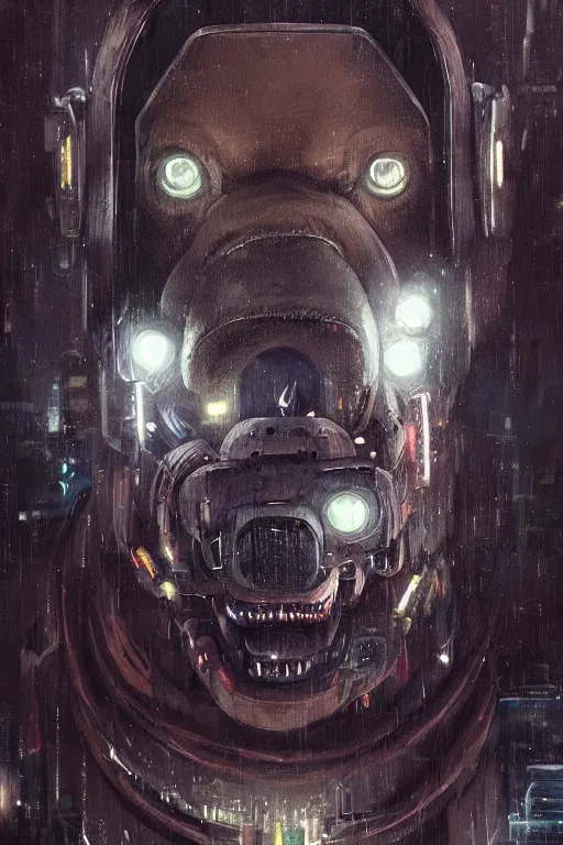 Image similar to new york city portrait of furry anthro anthropomorphic grizzly bear head animal person fursona wearing clothes strange cybernetic augmentations cyber muzzle gloomy rainy cyberpunk digital art by Greg Rutkowski, Simon Stalenhag, trending on Artstation, CGSociety