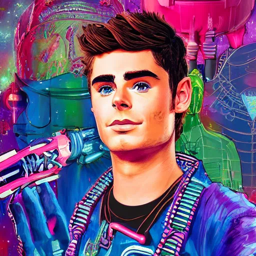 Prompt: a detailed portrait of a fashionable cybernetic disney princess zac efron wearing a cybergoth soviet adidas outfit the style of william blake and norman rockwell, kubrick, rembrandt, junji ito undertones, crisp, vibrant color scheme, crisp, artstationhd