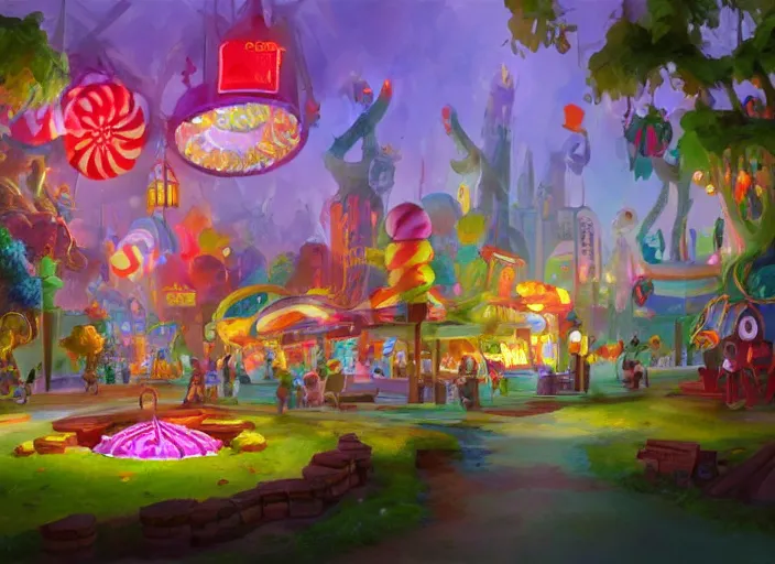 Image similar to concept art for a game candy themed, candy park, oil painting by jama jurabaev, extremely detailed, brush hard, artstation, for aaa game, high quality, brush stroke