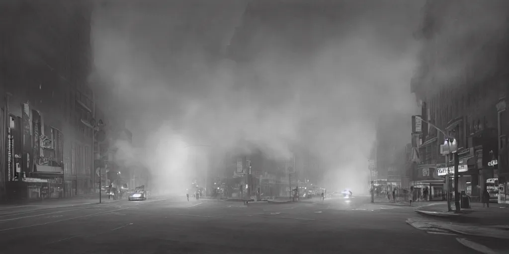 Image similar to a high resolution photo of a new york street at night surrounded with smoke and cars with bright headlights by joel meyerowitz and ansel adams, realistic photo, leica, magnum award winning photograph, parallax photography,