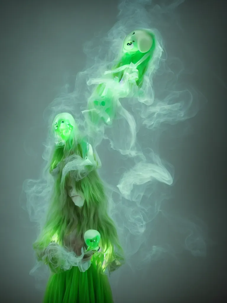 Image similar to cute fumo plush smiling ectoplasmic gothic macabre green jellyfish ghost girl, glowing milky wisps of hazy smoke and volumetric fog, lens flare, subsurface scattering, vignette, asymmetry, bokeh, refraction, vray