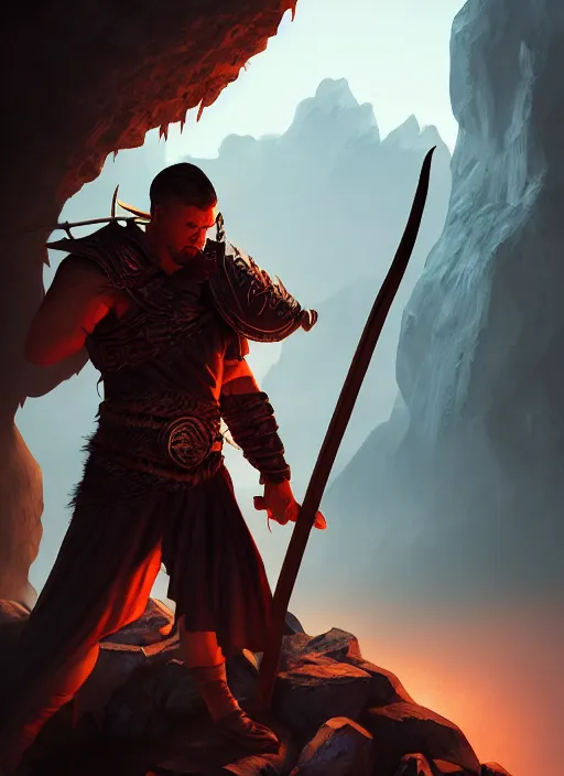 Image similar to an epic fantasy comic book style portrait painting of a lean and cruel man with a cudgel who bosses around children in a cave, unreal 5, daz, hyperrealistic, octane render, cosplay, rpg portrait, dynamic lighting