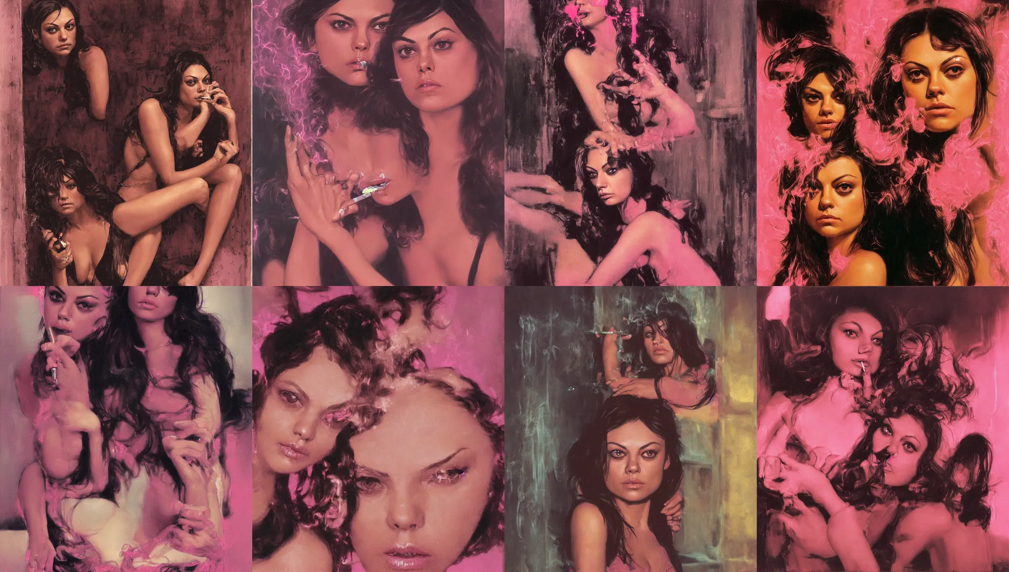 Image similar to close portrait of mila kunis looking into the camera leaning back against a wall smoking a cigarette, pink neon street, 1 9 7 0 s, intricate, moody, personal, highly detailed, short focus depth, donato giancola, joseph christian leyendecker, frank frazetta, alex horley, ralph horsley, michael whelan