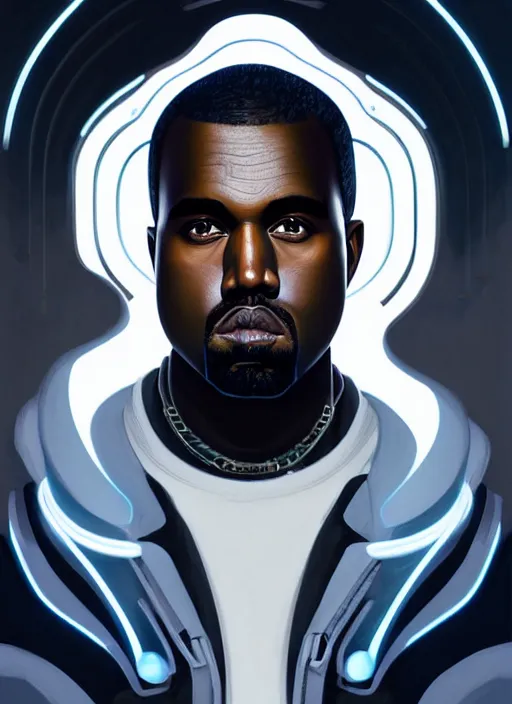 Image similar to symmetry!! portrait of kanye, sci - fi, tech wear, glowing lights!! intricate, elegant, highly detailed, digital painting, artstation, concept art, smooth, sharp focus, illustration, art by artgerm and greg rutkowski and alphonse mucha