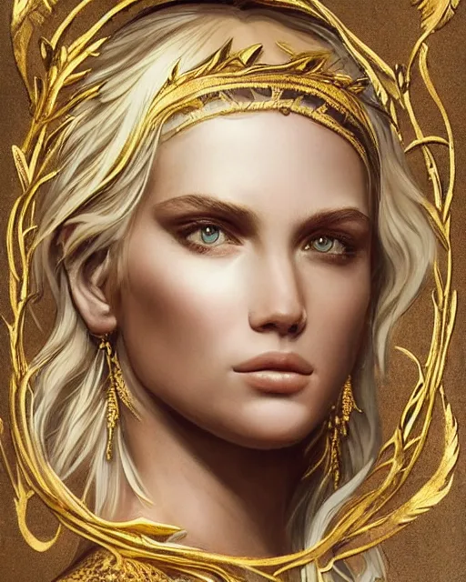 Image similar to tattoo sketch of beautiful super model aphrodite greek goddess wearing a gold laurel wreath and triangle earrings,, beautiful piercing gaze with sharp pupils, beautiful blonde hair, in the style of greg rutkowski, fantasy, amazing detail, epic, elegant, smooth, sharp focus, front view