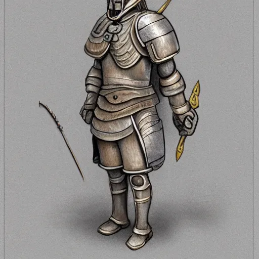 Prompt: Warforged royal guard made of stone, holding a guisarme, with a sun symbol on the center of his chest. Very strong, styled as a sketch with beige parchment and pencil, high detail, full body portrait