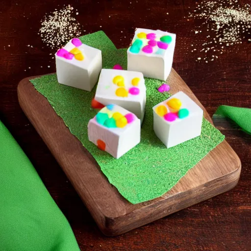 Prompt: photograph of a marshmallow cube with sprinkles on a dark wooden chopping board, chocolate drizzle, green pastel colours, hessian cloth, styled food photography, photorealistic, 4 k