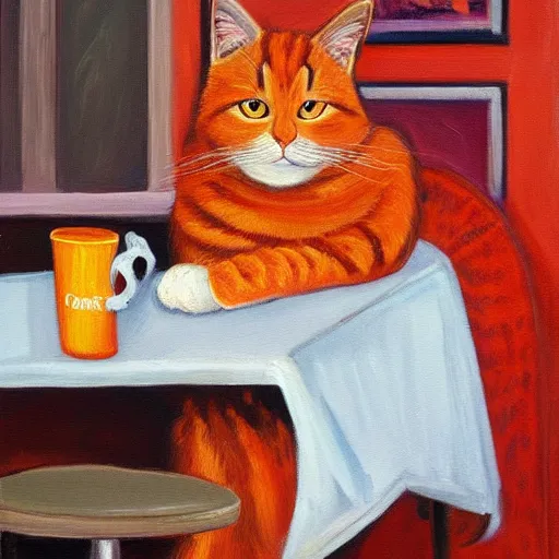 Image similar to painting of a Longhair orange cat sitting at a diner.